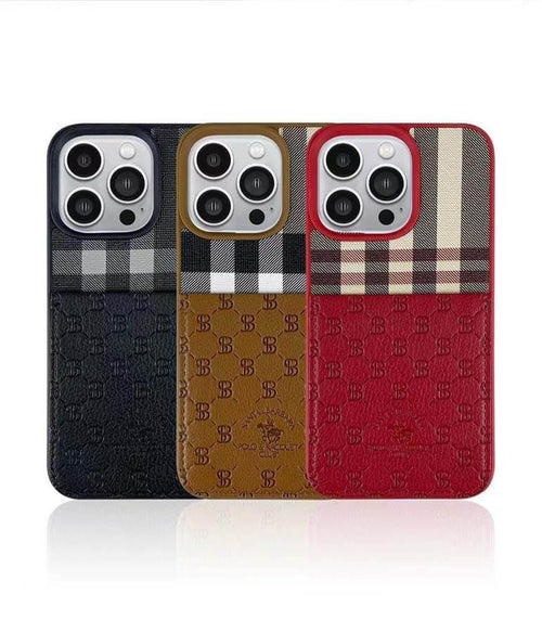 Santa Barbara Polo Club Plaid Series with Card Pocket Genuine Leather Case for iPhone 14 Series