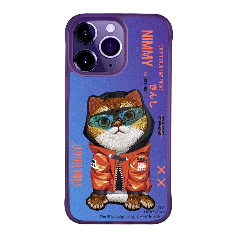 NIMMY 3D Embroidered Cat Color Changing Leather Glass Case for iPhone 14 Series