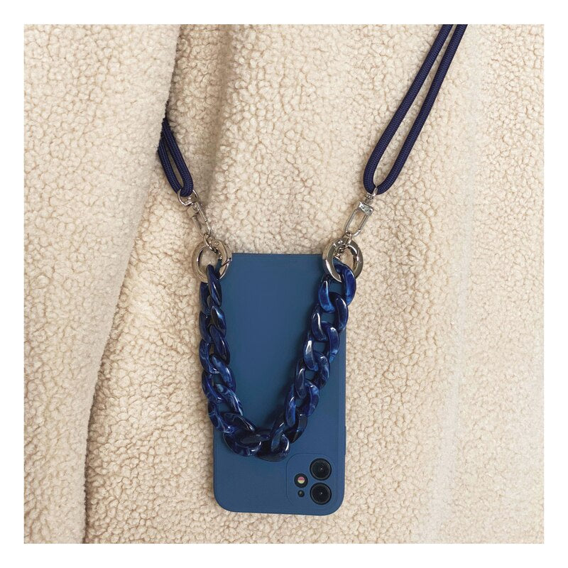 Liquid Silicon Crossbody Lanyard Necklace Marble Detachable Chain Case for iPhone 13 Series
