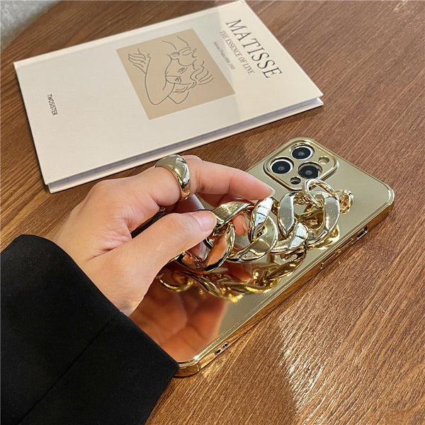 Premium Golden Electroplated Silicone Wrist Chain Back Case For iPhone 13 Series