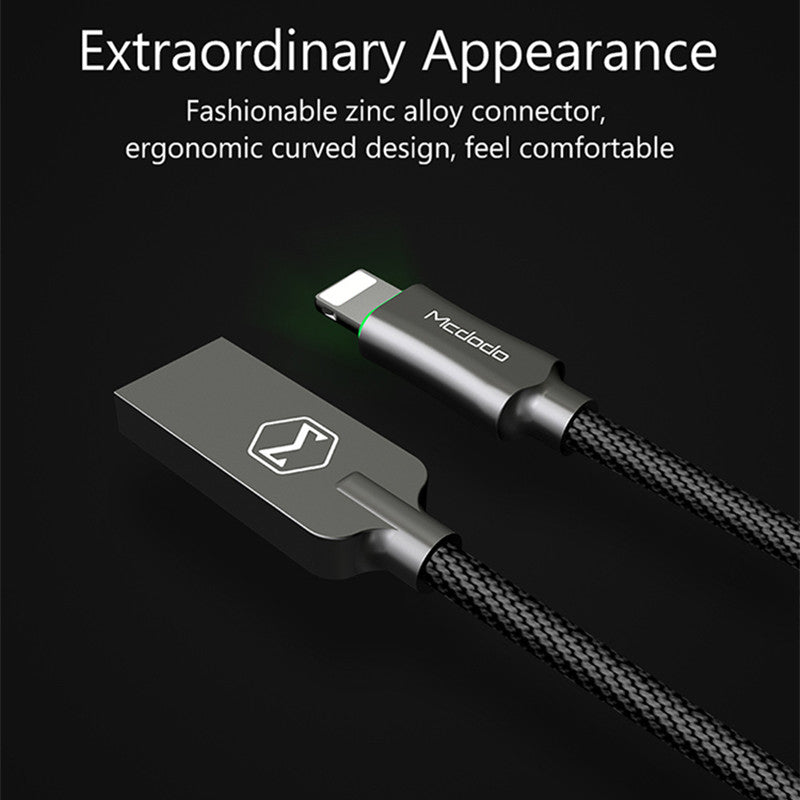 McDodo Auto Disconnect Fast Charging USB Data Sync Lightning Cable with LED Light for Apple iPhone X, 8/8 Plus, 7/7 Plus, 6/6S/6 Plus, 5/5S/5C/SE - BLACK