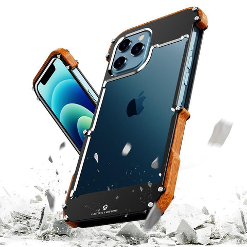 R-Just Aluminium & Natural Wood Anti Shock Bumper Case for iPhone 13 Pro Max