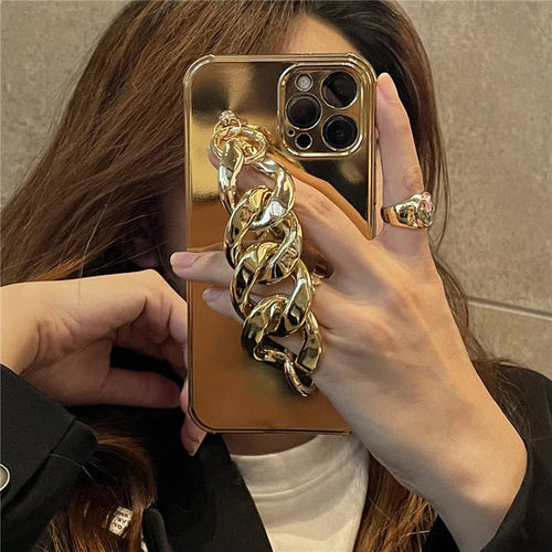 Premium Golden Electroplated Silicone Wrist Chain Back Case For iPhone 13 Series