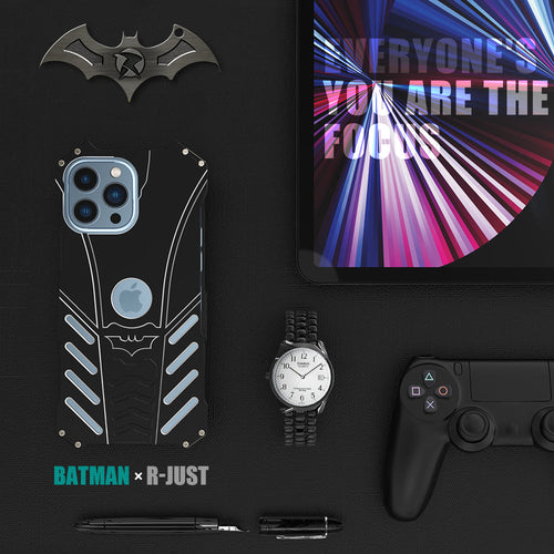 R-Just Batman Shockproof Aluminum Shell Metal Case with Custom Batarang Stand for iPhone 14 Series