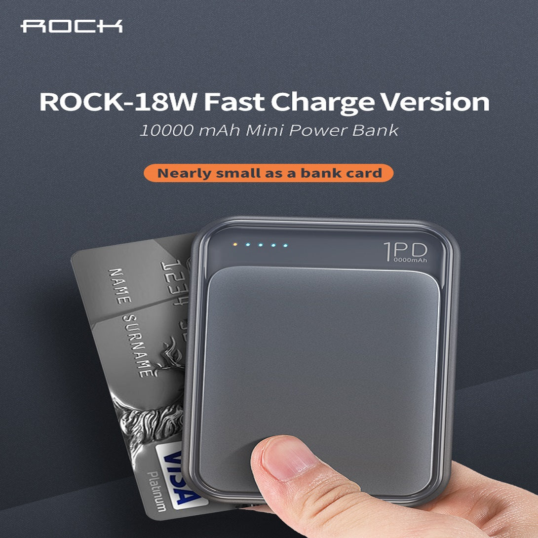 ROCK 18W QC 3.0 Type C PD 10000mah Quick Fast Charging Mini External Battery Power Bank - BLACK