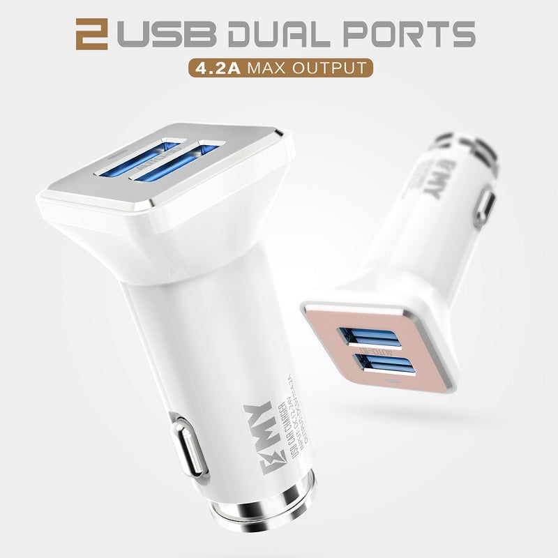 EMY Dual USB Port 4.2A Quick Charge Max Output Fast Car Charger [WHITE] for Samsung, HTC, OnePlus with Free Micro Charging Cable
