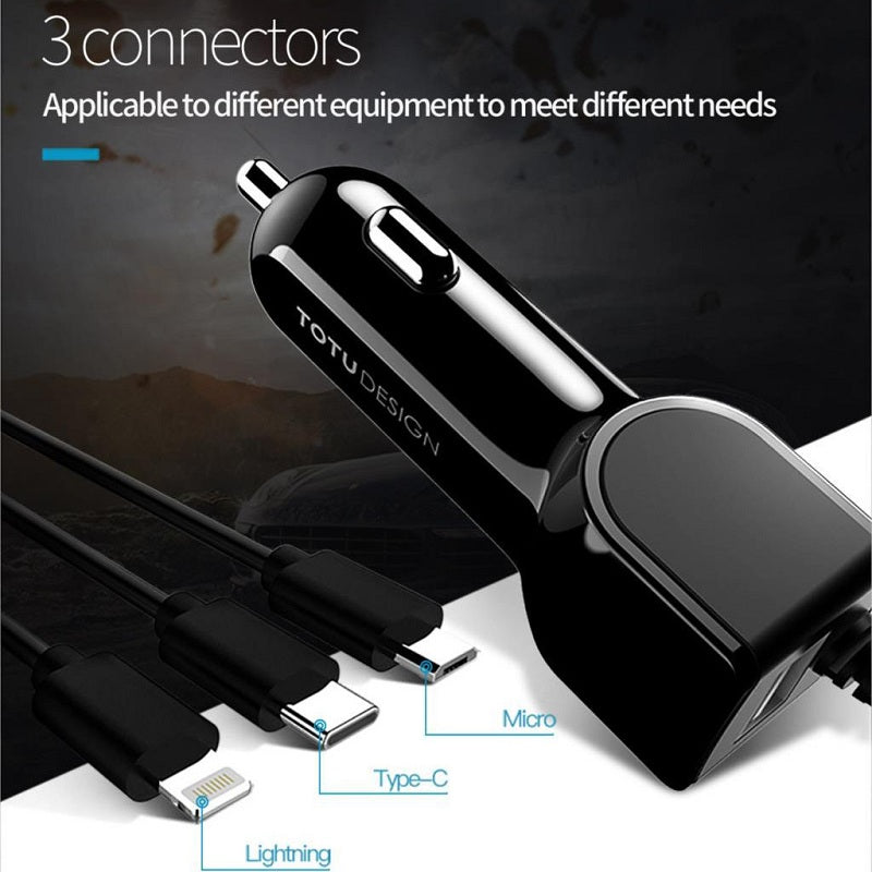Totu 3-in-1 Long Stretchable Spring Cable Line with Single USB Port 2.1 A Fast Car Charger for iPhone, Samsung, OnePlus