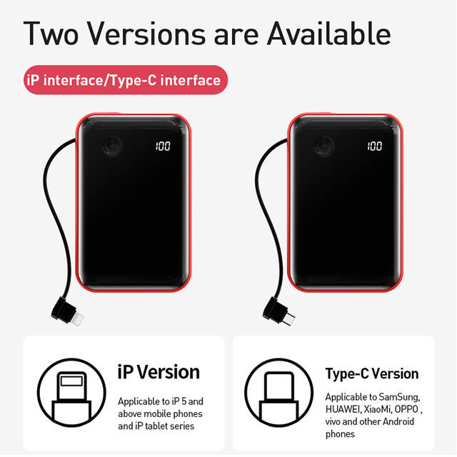 Baseus 15W 3A QC 3.0 PD USB C 10000mAh Mini Fast Power Bank with LED Display & Inbuilt Cable