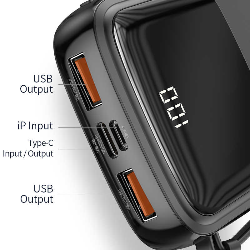 Baseus QPow 15W 3A QC 3.0 PD USB C 10000mAh Mini Power Bank with Big Digital Display & Inbuilt Cable