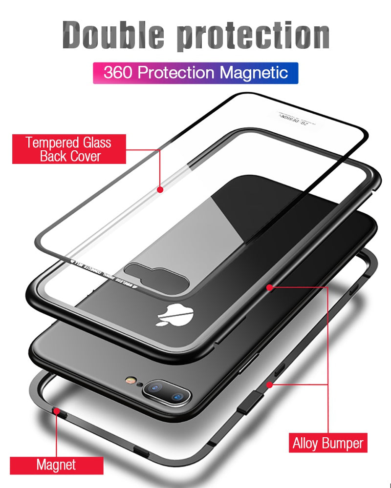 Luxury Magnetic Bond 360 Protection Clear Tempered Glass Back Case Cover for Apple iPhone 8