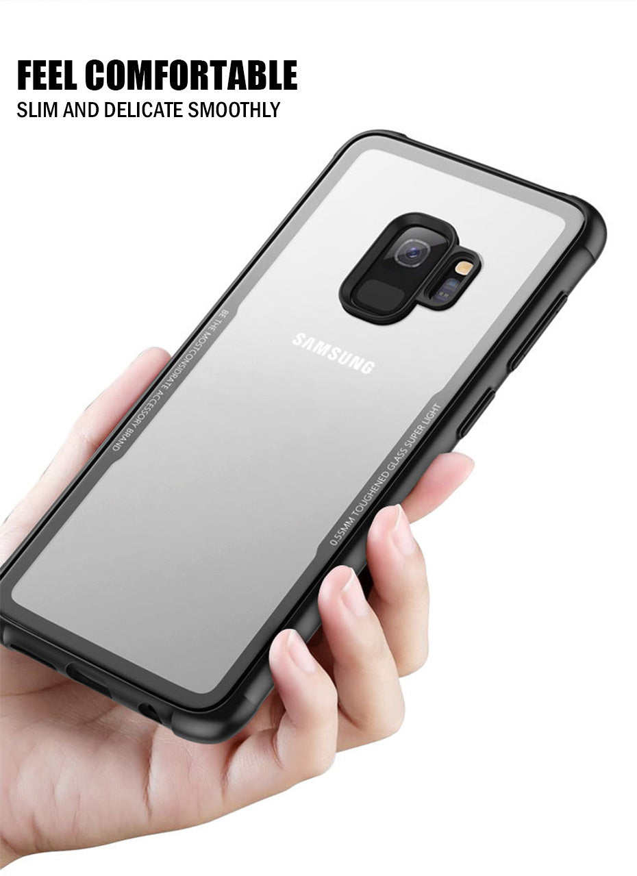 Premium Tempered Glass Transparent Protective Case with Soft TPU Bumper Cover Case for Samsung Galaxy S9 - BLACK