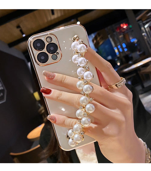 Unique Gold Plating Soft Case with Pearl Bracelet Chain for iPhone 13 Series