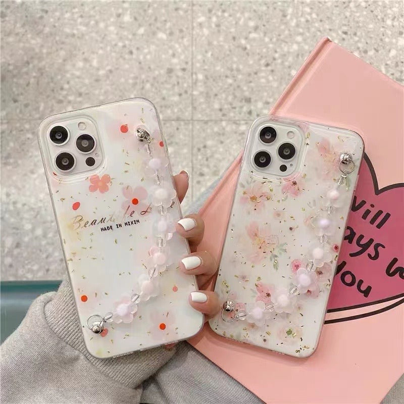 Premium Beautifull life Glitter Real Dried Flower withh Bracelet Clear Case Cover For iPhone 13 Series