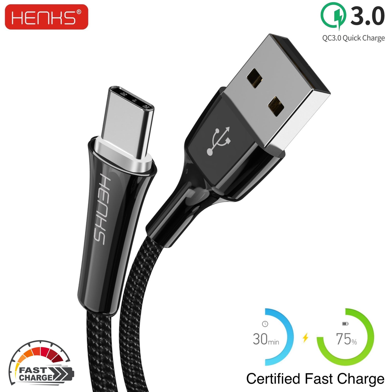 HENKS® QC 3.0 Certified Zinc Alloy Smart Fast Charging & Data Sync Cable for all Samsung, OnePlus, Oppo, Vivo, Xiaomi Type C Mobiles