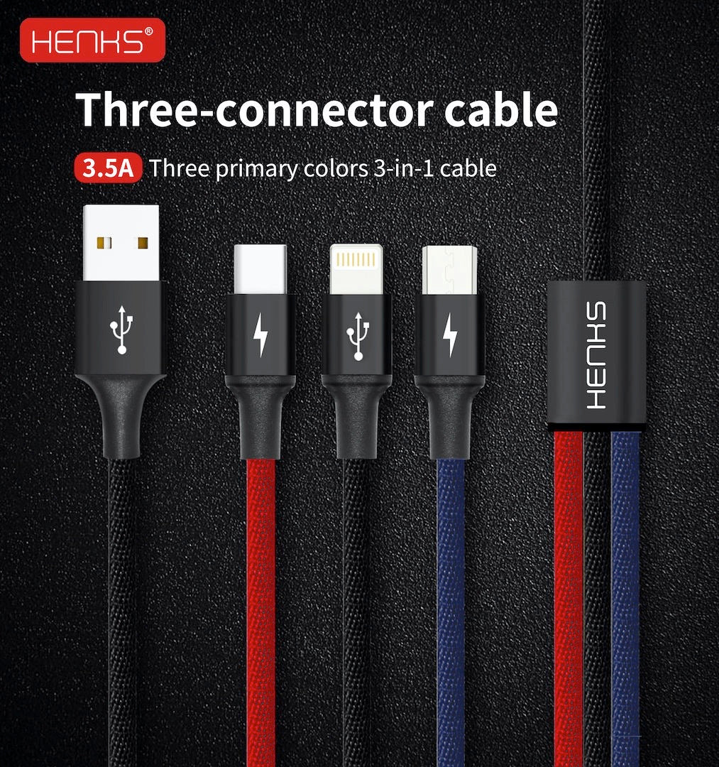 HENKS® Three in One 3in1 Multifunction 3.5Amps Fast Charging Data Sync Cable - 1.5mtr