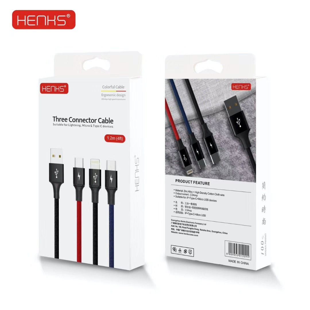 HENKS® Three in One 3in1 Multifunction 3.5Amps Fast Charging Data Sync Cable - 1.5mtr