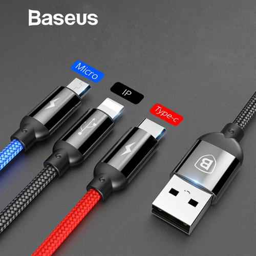 Baseus Colorful 3in1 3.5A High Speed Data Sync & Charging Cable for Type C, iPhone & Micro USB Smartphones