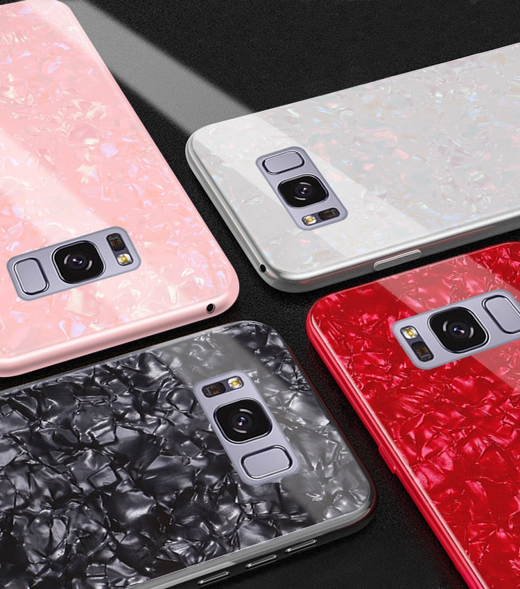 Luxury Marble Finish Bling Shell Tempered Glass Hard Back Case Cover for Samsung Galaxy S8 Plus