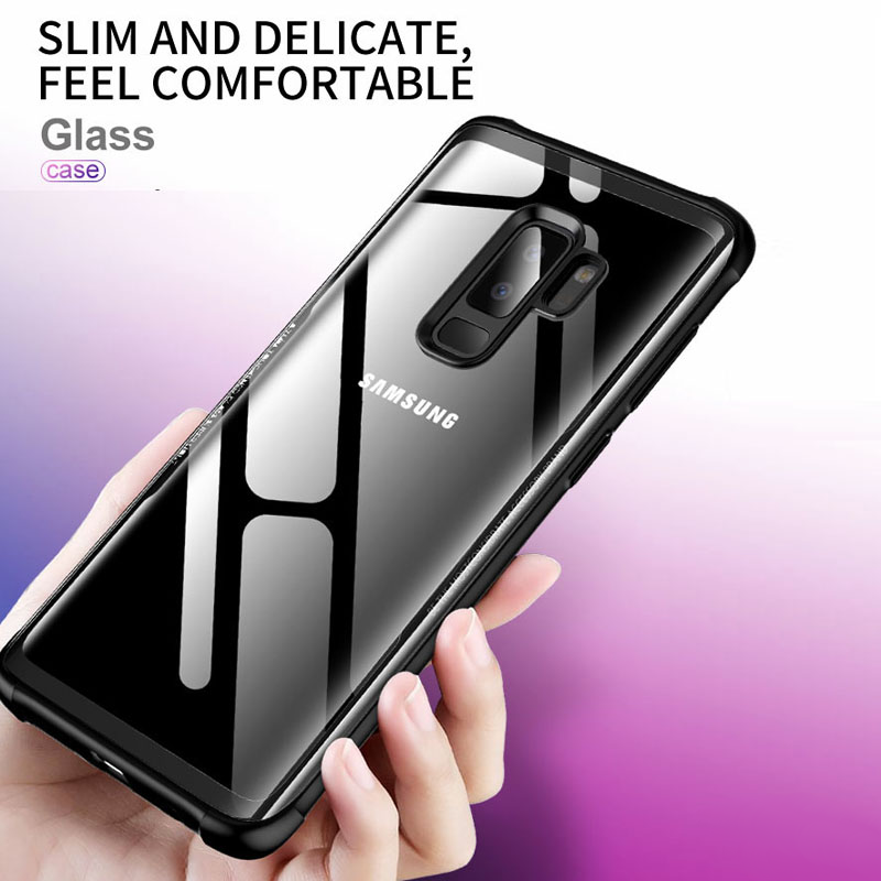 Luxury 9H Hardness Clear Tempered Glass Back Case Cover With Soft TPU Edges for Samsung Galaxy S9 Plus