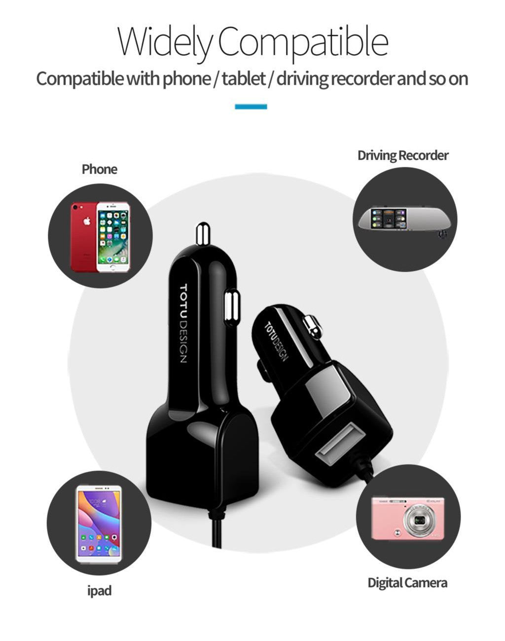 Totu 3-in-1 Long Stretchable Spring Cable Line with Single USB Port 2.1 A Fast Car Charger for iPhone, Samsung, OnePlus
