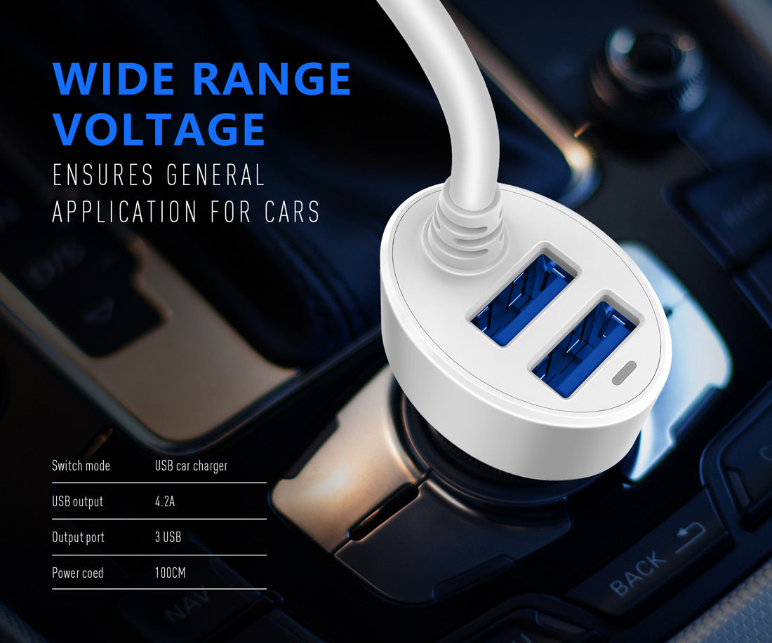 EMY Dual USB Port 4.2A Quick Charge with Integrated Charging Line Fast Car Charger for Samsung, HTC, Sony, Xiaomi - WHITE